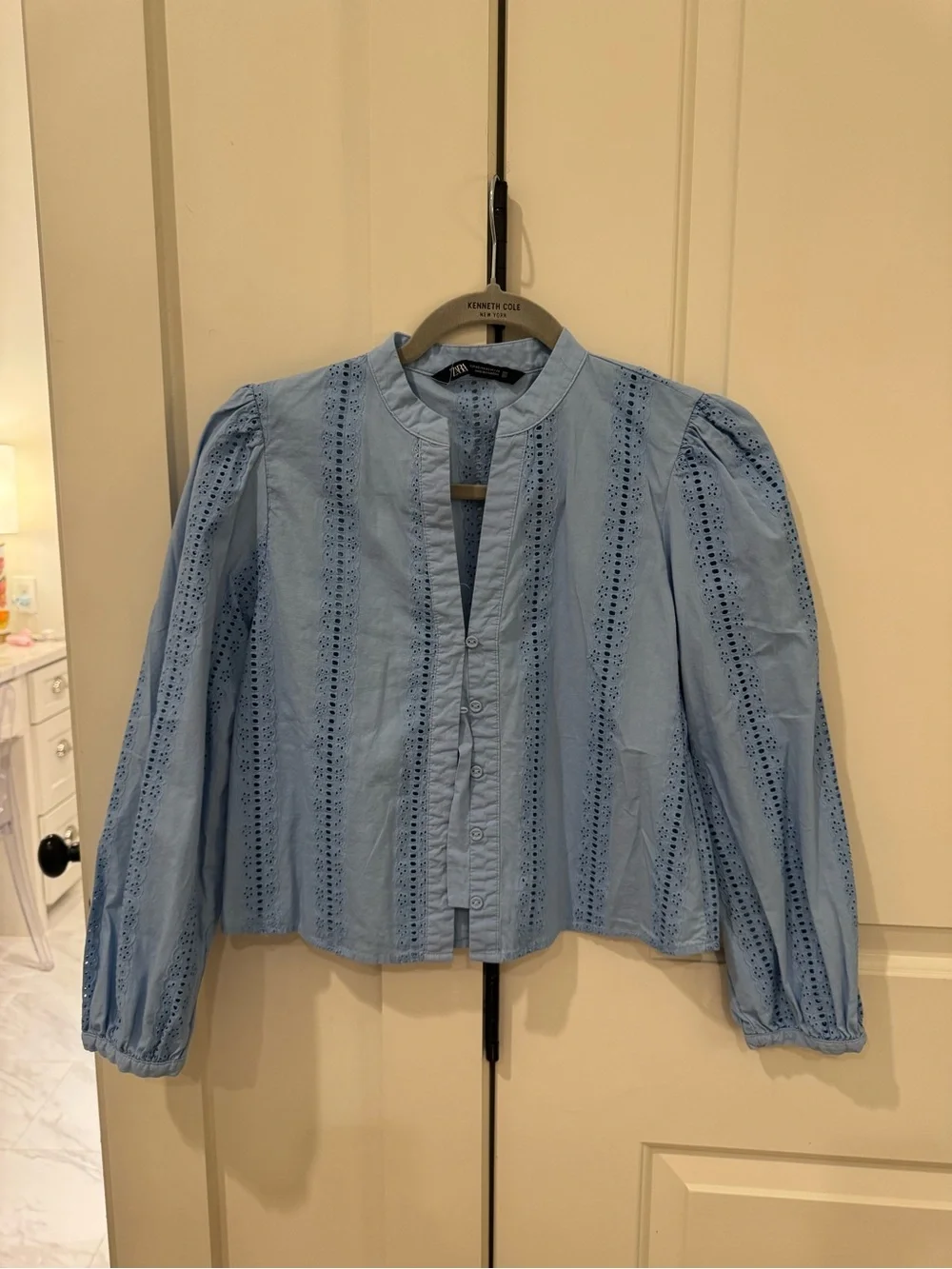 Zara Light Blue Eyelet Button-Front Blouse